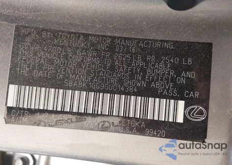 2016 Lexus Es 350 from USA, damaged, VIN 58ABK1GG9GU014384